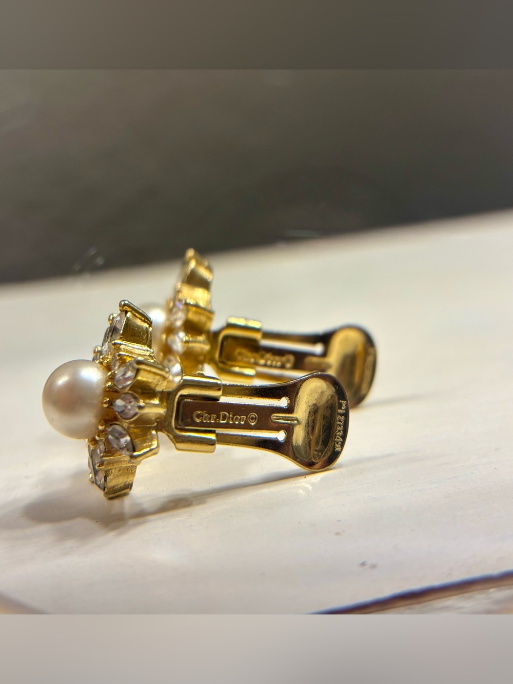 Vintage Christian Dior Clip On Earrings Faux Pearl Crystal Gold Tone Signed